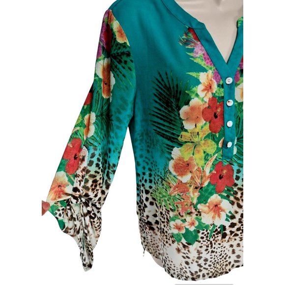 Soft Surrounding Womens 1/4 Button Up Tunic Top Size S Green Sheer Floral  E1P - Picture 3 of 5